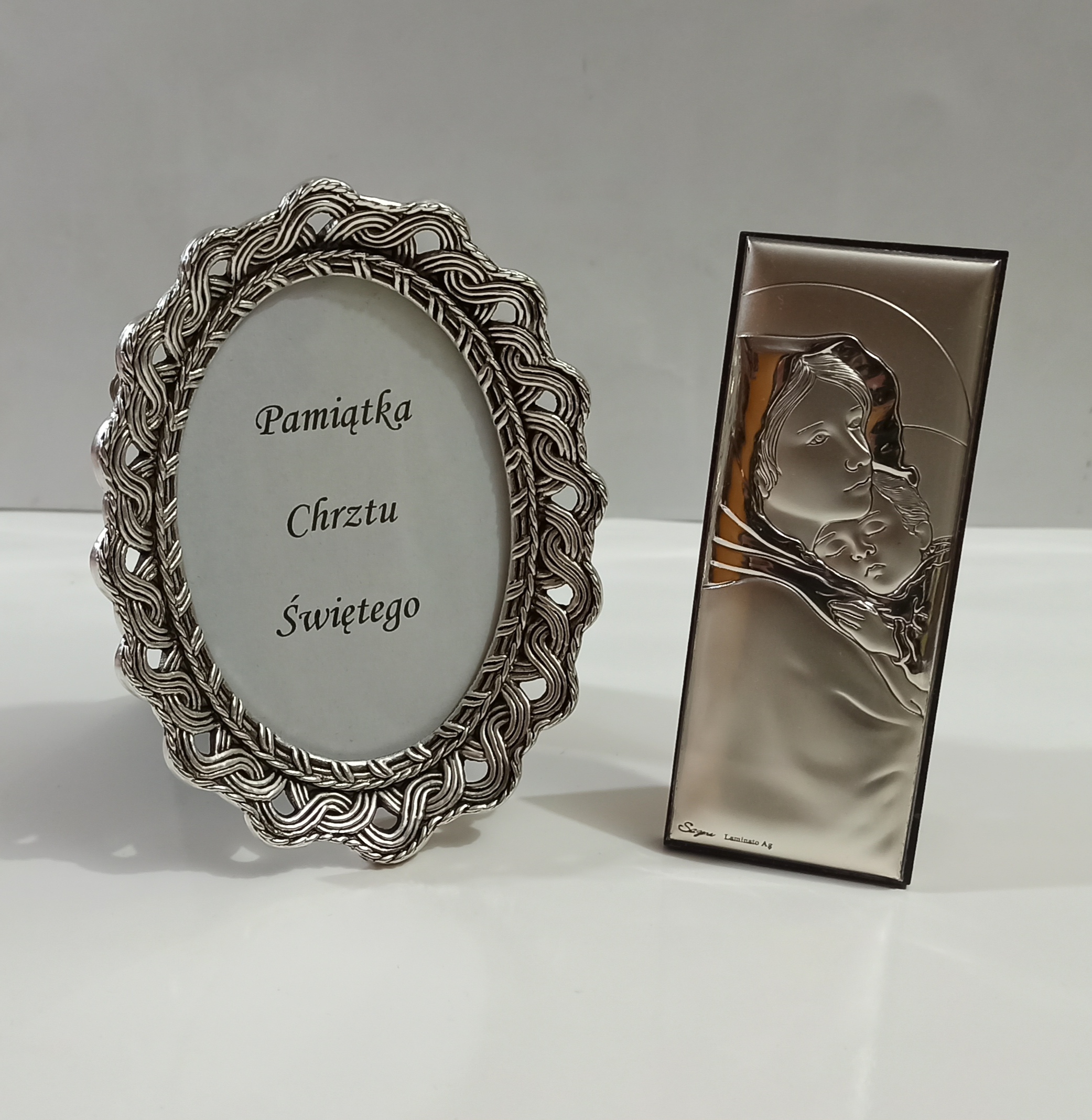Pamiątka Chrztu Świętego obrazek srebrny Matka Boska z dzieciątkiem
