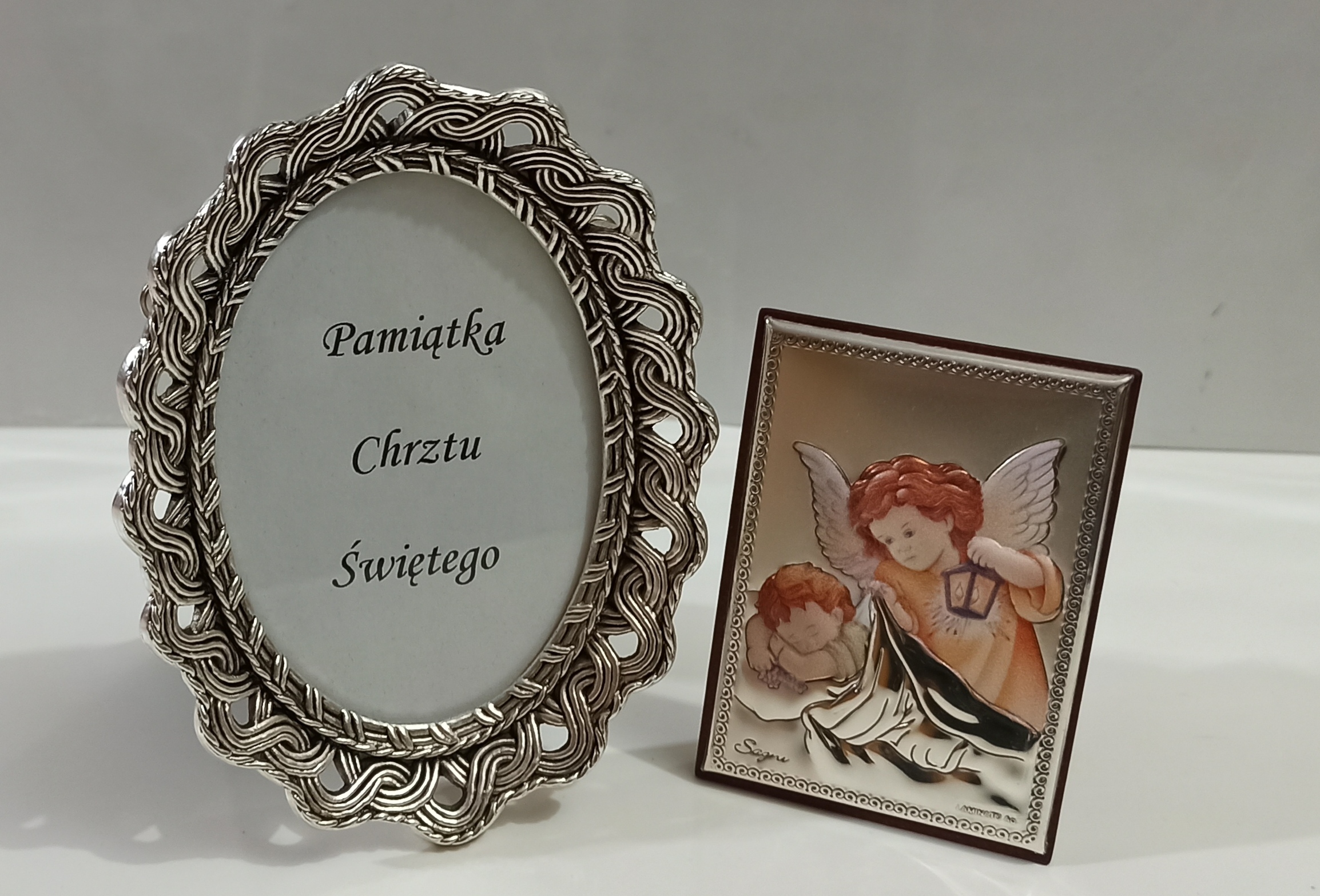 Anioł Stróż obrazek srebrny kolorowany emalią ceramiczną